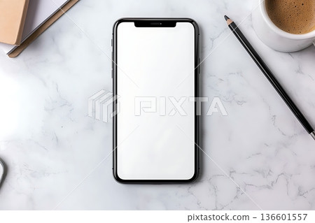 Minimalistic Smartphone Display on Marble Surface with Coffee and Stationery Items 136601557