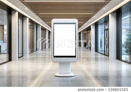 Modern Empty Digital Signage in Bright Hallway with Glass Walls and Wooden Ceiling Design Modern Empty Digital Signage in Bright Hallway with Glass Walls and Wooden Ceiling Design 136601583