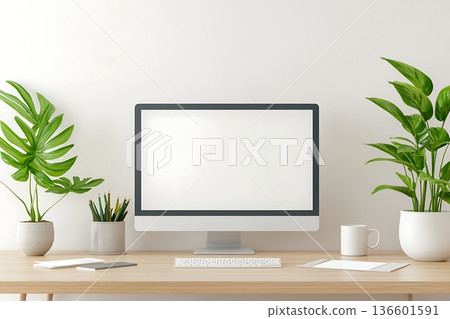 Minimalist Workspace with Desktop Computer Surrounded by Green Plants and Clean Decor 136601591
