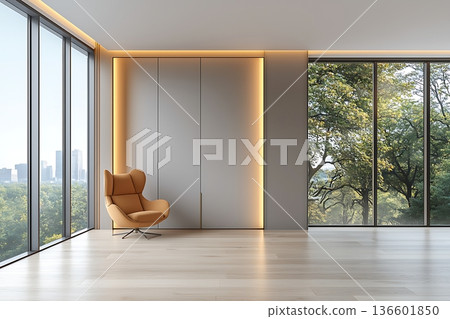 Modern Empty Room with Large Windows Overlooking Lush Green Trees and City Skyline 136601850