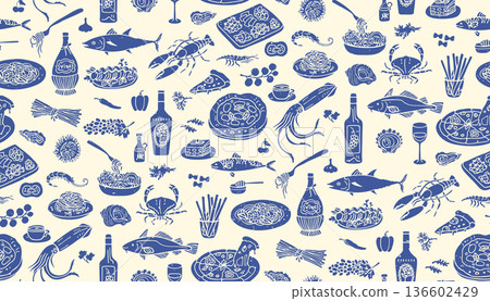 Mediterranean Food Seamless Pattern Italian Spanish Cuisine Hand Drawn Coastal Cooking Background Mediterranean Food Seamless Pattern Italian Spanish Cuisine Hand Drawn Coastal Cooking Background 136602429