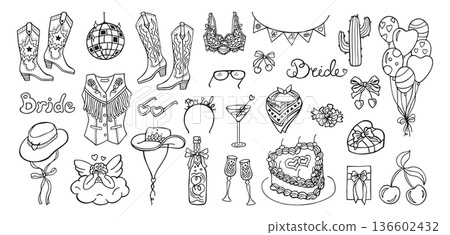 Hand Drawn Cowgirl Cowboy Illustration Set Coquette Doodle Line Vintage Whimsical Western Symbols Hand Drawn Cowgirl Cowboy Illustration Set Coquette Doodle Line Vintage Whimsical Western Symbols 136602432
