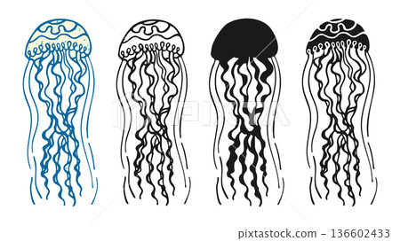 Jellyfish Illustration Set Hand Drawn Vintage Engraving Grunge Art Silhouette Marine Cartoon 136602433