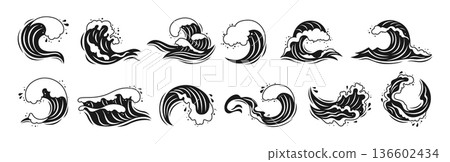 Sea Wave Set Water Splashes Flowing Waves Abstract Ocean Graphic Fluid Aquatic Black White Shapes 136602434