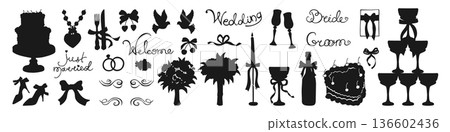 Hand Drawn Wedding Illustration Set Silhouette Shape Whimsical Coquette Vintage Line Art 136602436