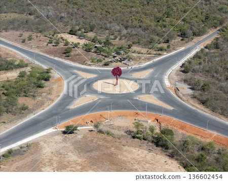 Roundabout with tree sculpture in a rural area 136602454