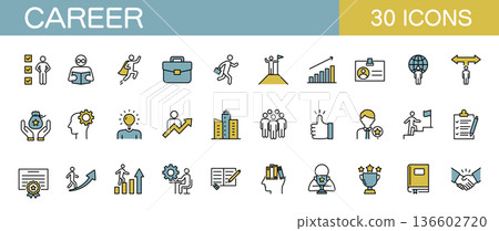 Career-related line icon set: business, leadership, career advancement, etc. (Color) 136602720