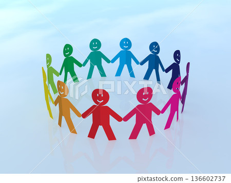 12個微笑、手牽手的人組成的圓圈圖標，漸層3D插圖 136602737