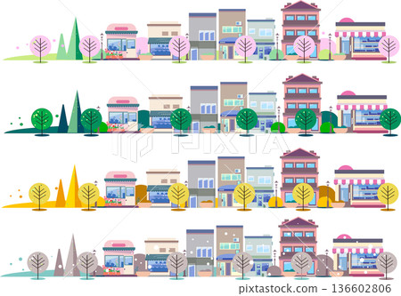 四季城市景觀橫幅套裝：包含春、夏、秋、冬四個季節的建築和街道樹木插圖 136602806