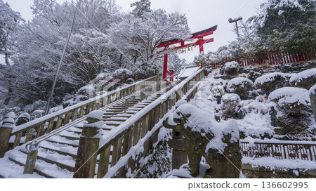 Snowy scenery at the main shrine of Takao-san Yakuo-in Temple 136602995
