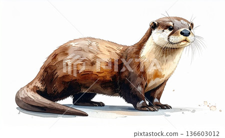 一幅逼真的水彩畫，描繪了一隻水獺，水獺是水邊的一道風景。這幅動物插畫展現了水獺皮毛的質感和它可愛的表情。 136603012