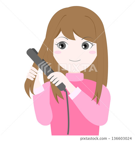 Illustration of a woman styling her hair with a hair iron 136603024