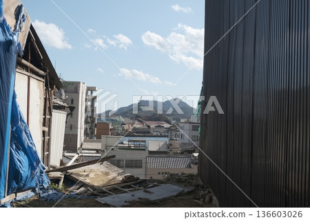 Scenery of back alleys and dilapidated buildings in a port town undergoing redevelopment 136603026