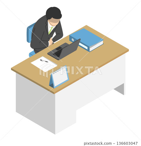 Isometric office worker male suffering from stomach pain while doing desk work 136603047
