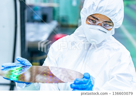 A female worker in protective clothing inspects silicon wafers in a semiconductor factory 136603079