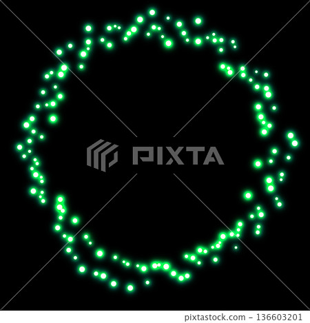 A circular frame of green light particles floating on a black background. Abstract background material that evokes eco and nature. A circular frame of green light particles floating on a black background. Abstract background material that evokes eco and nature. 136603201
