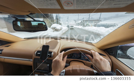 Driving on winter road (POV shooting) 136603355