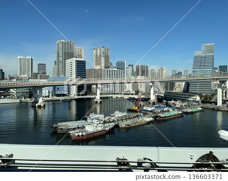 東京海濱城市景觀,包括橋樑和摩天大樓 東京海濱城市景觀,包括橋樑和摩天大樓 136603371