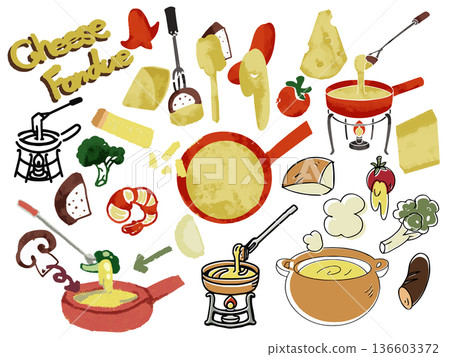 Cheese fondue illustration set Cheese fondue illustration set 136603372