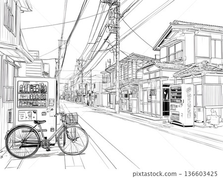 簡單的日本城市景觀線條畫 136603425