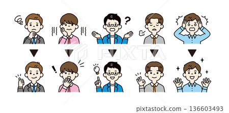 A simple expression and pose icon illustration material set of a young businessman who is in trouble and has a problem solved 136603493