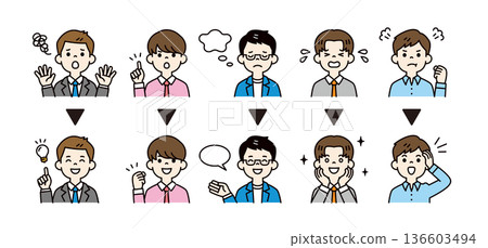 一群年輕男員工的擔憂/解決問題的簡單面部表情/姿勢圖示插圖素材。 一群年輕男員工的擔憂/解決問題的簡單面部表情/姿勢圖示插圖素材。 136603494