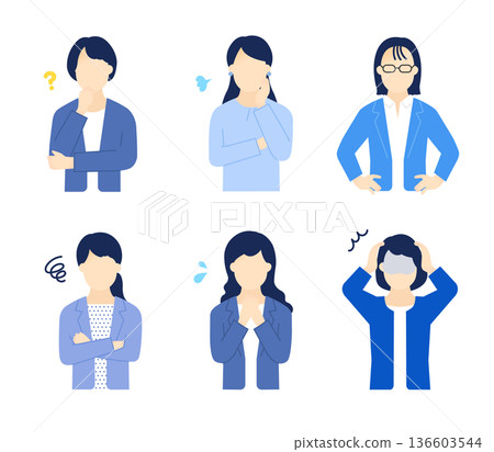 Illustration material set of female business people with anxious and troubled faces Illustration material set of female business people with anxious and troubled faces 136603544