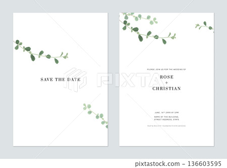 Minimalist foliage wedding invitation card template design, green Siamese rough bush leaves on white 136603595