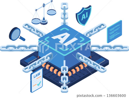 Isometric AI Processor Chip with Legal Chains and Symbols 136603600