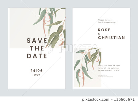 Minimalist foliage wedding invitation card template design, eucalyptus leaves on white 136603671