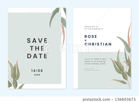 Minimalist foliage wedding invitation card template design, eucalyptus leaves 136603673