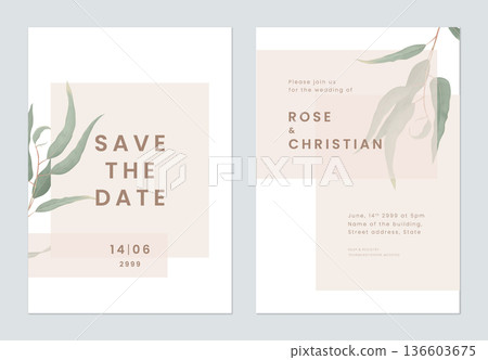 Minimalist foliage wedding invitation card template design, eucalyptus leaves in modern style 136603675
