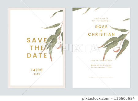 Minimalist foliage wedding invitation card template design, green eucalyptus leaves on white Minimalist foliage wedding invitation card template design, green eucalyptus leaves on white 136603684