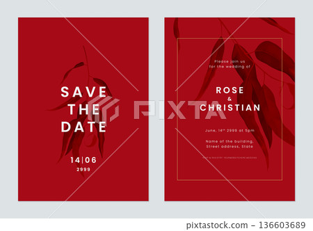 Minimalist foliage wedding invitation card template design, black eucalyptus leaves on red Minimalist foliage wedding invitation card template design, black eucalyptus leaves on red 136603689