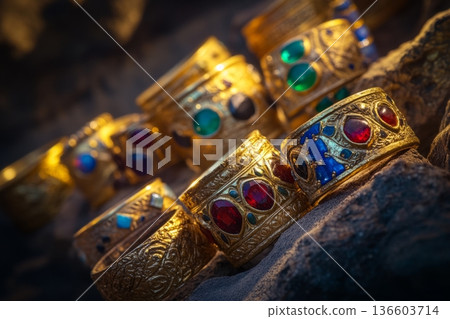 A stunning collection of ornate gold rings adorned with colorful gemstones. Each ring tells a story of elegance and artistry. Discover beauty in every detail. Generative AI 136603714