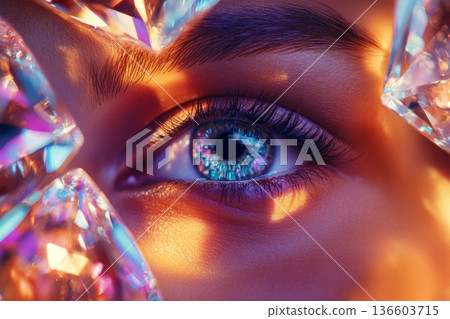 An enchanting close up of a brilliantly colored eye framed by sparkling diamonds. The vivid hues reflect the beauty of light and clarity of vision. Generative AI 136603715