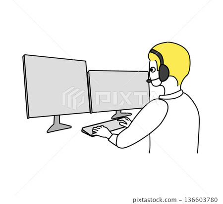 Rear view of a teleoperated man working on a white background and dual monitors_Businessman Rear view of a teleoperated man working on a white background and dual monitors_Businessman 136603780