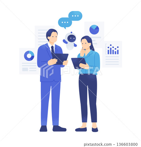 A business team analyzing data with an AI agent. Full-body illustration of a business person holding a tablet. 136603800