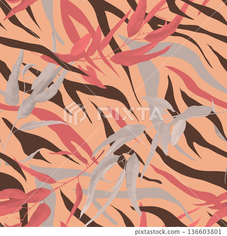 Foliage seamless pattern, eucalyptus leaves with animal skin in warm tone Foliage seamless pattern, eucalyptus leaves with animal skin in warm tone 136603801