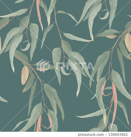 Foliage seamless pattern, green eucalyptus leaves on green 136603802