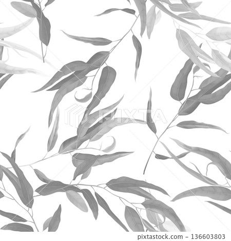 Foliage seamless pattern, black and white eucalyptus leaves on white 136603803