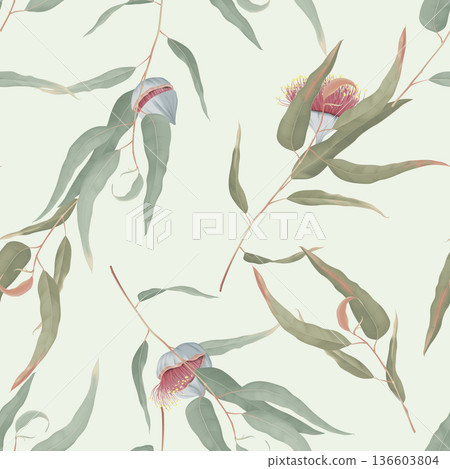 Foliage seamless pattern, green eucalyptus leaves and flowers on bright green Foliage seamless pattern, green eucalyptus leaves and flowers on bright green 136603804