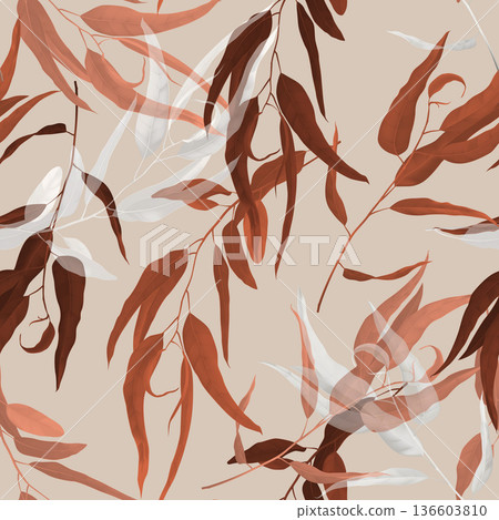 Foliage seamless pattern, brown eucalyptus leaves on bright brown 136603810