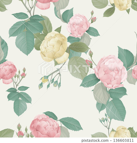 Floral seamless pattern, pink and yellow roses and green leaves on bright yellow Floral seamless pattern, pink and yellow roses and green leaves on bright yellow 136603811