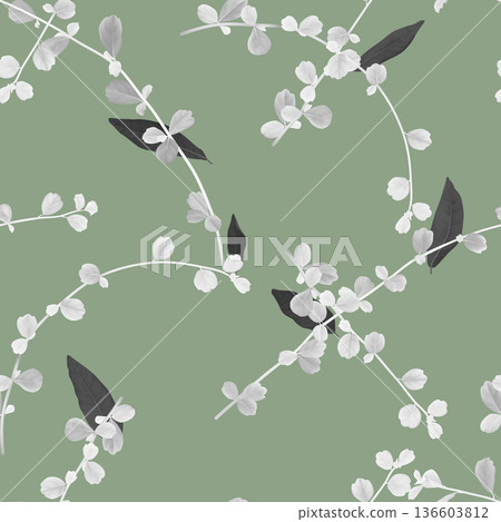 Foliage seamless pattern, white Siamese rough bush leaves and black leaves on green 136603812