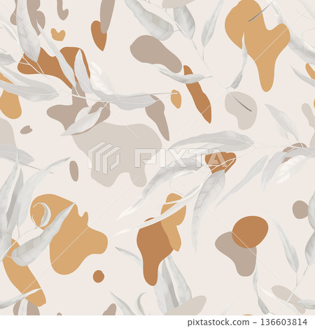 Foliage seamless pattern, grey eucalyptus leaves on bright brown 136603814