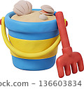3D clay-style illustration of a sand play set and seashells, image of clam digging and summer leisure activities 136603834