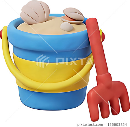 3D黏土風格插圖，描繪了沙盤遊戲套裝和貝殼，以及挖蛤蜊和夏季休閒活動的場景。 136603834