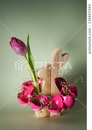 Easter holiday decoration from sustainable materials pink colored egg shell wooden bunny vase decor with fresh tulip flower. Copy space Diy do it yourself Gift present idea. Zero waste Crafting 136603944