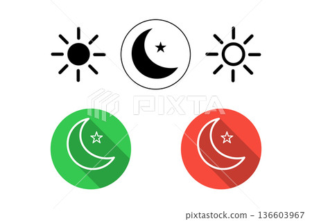 Day and Night Mode Icons Set with Sun, Moon, and Star Symbols 136603967
